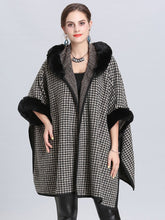 Load image into Gallery viewer, Faux Fur Coat Wool Cape Coat Hooded Long Sleeve Women Gingham Overcoat 