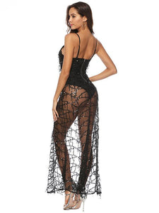 Sequin Strap Transparent Split Evening Dress