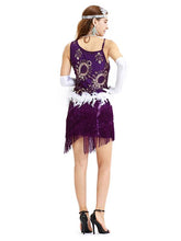 Load image into Gallery viewer, Purple 1920s Sequined Fringed  Flapper Dress