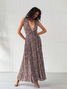 Women's Boho Dress Deep V Neck Split Floral Printed Maxi Dress