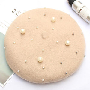 Women Pearl Stars Wool Felt Beret Hat Cap