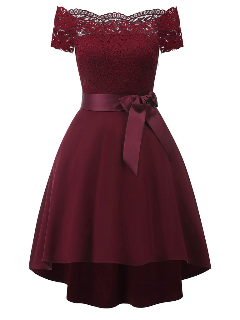 chinese dress ladies Solid Color Off The Shoulder Lace A Line Vintage Party Dress, Burgundy / L