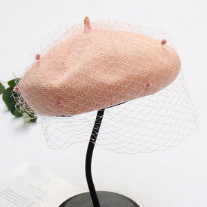 Women Knitted Artist Beanie Hat Cap With Veil