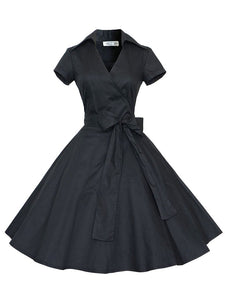 Elegant High Waist V Neck Short Sleeve Solid Color Vintage Dress