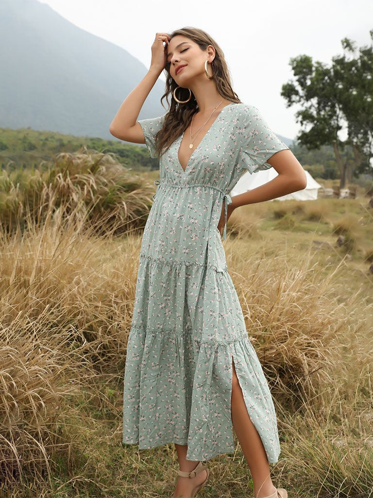 Women's Boho Dress Floral Printed Ruffle Deep V Neck Maxi Dress – Jolly