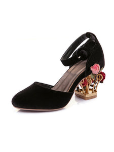 Luxury Velvet Shoes Women Round Toe Gold Metallic Fretwork Floral Heels