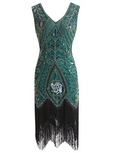 Load image into Gallery viewer, 1920s Floral Sequined Fringe Flapper Dress