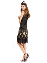 Load image into Gallery viewer, Black Gold 1920s V Neck Sequined Flapper Dres