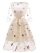Load image into Gallery viewer, Round Collar Solid Color Embroidered Flower A line Vintage Dress