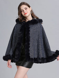 Hooded Winter Coat Faux Fur Long Sleeve Open Front Luxurious Cape Coat For Women