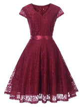 Load image into Gallery viewer, A Line Solid Color Lace Cap Sleeve Vintage Dress