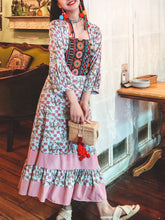 Load image into Gallery viewer, Women&#39;s Bohemian Floral Printed Embroidered Square Neck 3/4 Pleated Sleeve Boho Maxi Dress