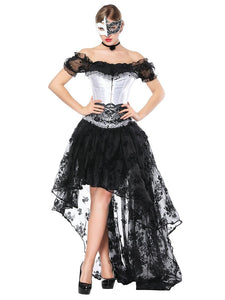 Gothic Costume Halloween Women Black Lace Short Sleeve Top Corset And Asymmetrical Skirt