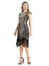 Load image into Gallery viewer, Gold 1920s Crew Neck  Cape Sequined Fringed Flapper Dres
