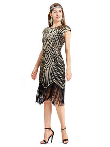 Gold 1920s Crew Neck  Cape Sequined Fringed Flapper Dres