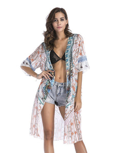 Women's National Printed Long Kimono Cardigan Beach Tops Cover Ups