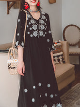 Load image into Gallery viewer, Jolly Vintage Women&#39;s Embroidered Floral 3/4 Sleeves V Neck Boho Dress
