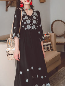 Jolly Vintage Women's Embroidered Floral 3/4 Sleeves V Neck Boho Dress