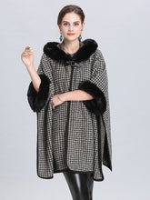 Load image into Gallery viewer, Faux Fur Coat Wool Cape Coat Hooded Long Sleeve Women Gingham Overcoat 