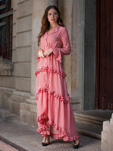Women's Boho Dress Red Plaid Splid Ruffles Peplum Maxi Dress Cake Dress
