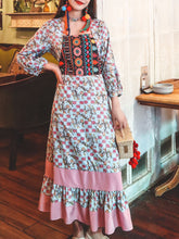 Load image into Gallery viewer, Women&#39;s Bohemian Floral Printed Embroidered Square Neck 3/4 Pleated Sleeve Boho Maxi Dress
