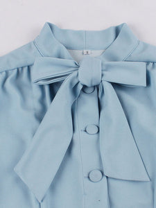 Baby Blue Tie Neck Short Sleeve Pleated A Line Cocktail Vintage Dress