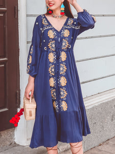 Women's Bohemian Floral Embroidered V Neck 3/4 Sleeves Front Split Button Maxi Boho Dress