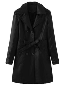 Women's Coat PU Leather Turndown Collar Fall Winter Plush Regular Midi Length Coat Solid Color Coat