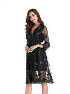 Deep V Sequin  Half Sleeve Party Dress