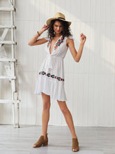 Load image into Gallery viewer, Women&#39;s Boho Dress Deep V Neck Embroidered Short Sleeve Midi Length Dress