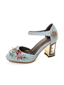 Luxury Womens Rhinestone Embroidery Crystal Flower Mary Janes Pumps