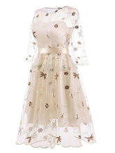 Load image into Gallery viewer, Round Collar Solid Color Embroidered Flower A line Vintage Dress