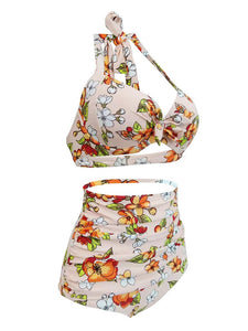 High Waisted Sexy Retro Style Backless Floral Two Pieces Bikini Sets
