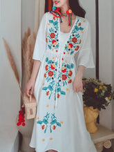 Load image into Gallery viewer, Women&#39;s Cotton Embroidered Floral Square Neck Flared Half Sleeve Maxi Boho Dress