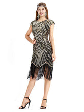 Load image into Gallery viewer, Gold 1920s Crew Neck  Cape Sequined Fringed Flapper Dres