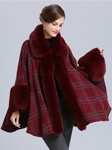 Plaid Women Poncho Sweater Faux Fur Coat Shawl Collar