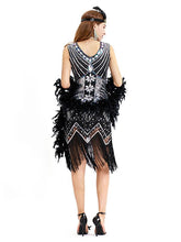 Load image into Gallery viewer, Black Silver 1920s V Neck Sequined Flapper Dres