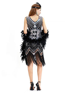 Black Silver 1920s V Neck Sequined Flapper Dres