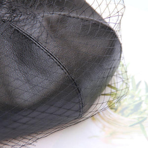 Black Faux Leather Beret Hat Cap With Veil