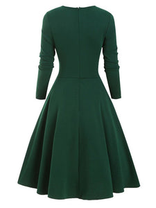 1950S Bow Heart Collar Plaid Long Sleeve Swing Dress