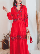 Load image into Gallery viewer, Jolly Vintage Women&#39;s Embroidered Floral V Neck Long Sleeves Boho Maxi Cotton Dress