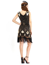 Load image into Gallery viewer, Black Gold 1920s V Neck Sequined Flapper Dres