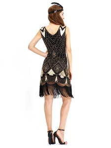 Black Gold 1920s V Neck Sequined Flapper Dres