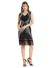 Load image into Gallery viewer, Black Gold 1920s V Neck Sequined Fringed Flapper Dress