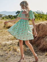 Load image into Gallery viewer, Women&#39;s Green Floral Boho Dress Short Ruffle Sleeve Square Neck Beach Dress