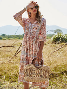 Women's Floral Boho Dress Half Sleeve V Neck Beach Party Dress