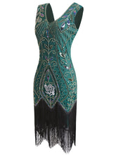 Load image into Gallery viewer, 1920s Floral Sequined Fringe Flapper Dress