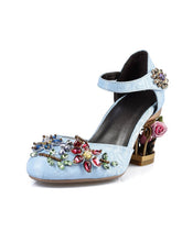 Load image into Gallery viewer, Luxury Womens Sheepskin Pointed Toe Flowers Rhinestones Mary Jane Vintage Pumps