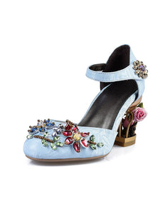 Luxury Womens Sheepskin Pointed Toe Flowers Rhinestones Mary Jane Vintage Pumps