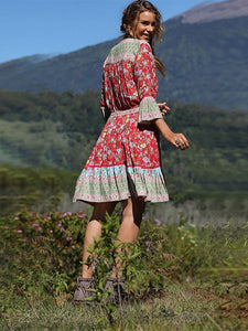 Women's Summer Boho Dress Floral Printed V Neck Beach Maxi Dress